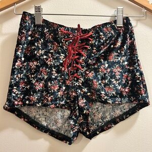 Floral Lace-Up Velvet Shorts
